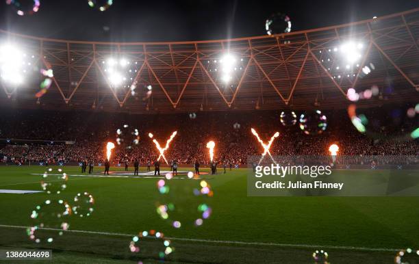General view inside the stadium prior to the UEFA Europa League Round of 16 Leg Two match between West Ham United and Sevilla FC at Olympic Stadium...