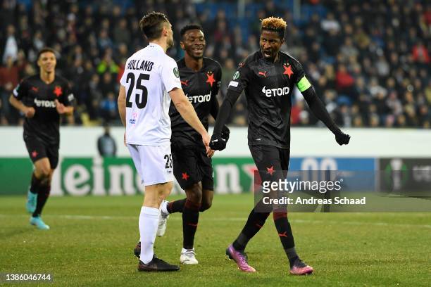 Peter Olayinka of SK Slavia Praha celebrates after scoring their team's first goal during the UEFA Conference League Round of 16 Leg Two match...
