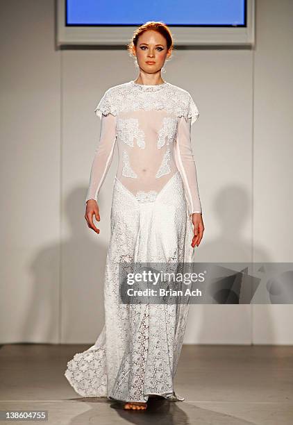 Model walks the runway at the Megla M runway show during Nolcha Fashion Week New York at the Alvin Ailey Studios on February 9, 2012 in New York City.