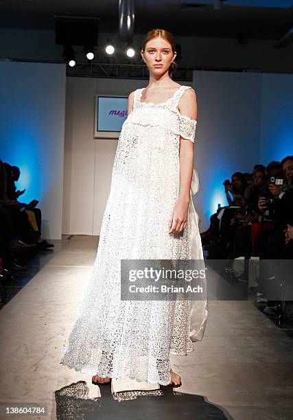 Model walks the runway at the Megla M runway show during Nolcha Fashion Week New York at the Alvin Ailey Studios on February 9, 2012 in New York City.