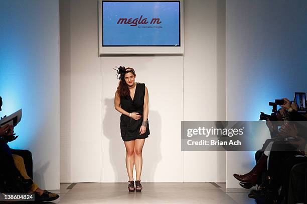 Designer Stamatia Megla walks the runway at the Megla M runway show during Nolcha Fashion Week New York at the Alvin Ailey Studios on February 9,...