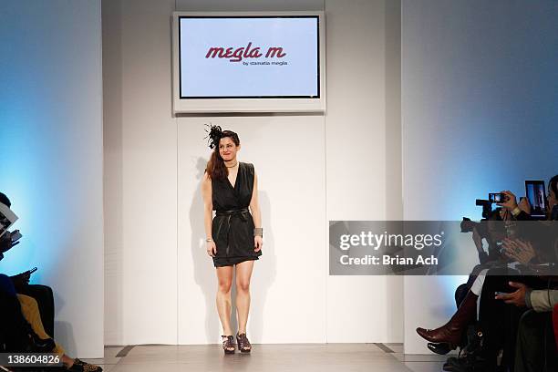 Designer Stamatia Megla walks the runway at the Megla M runway show during Nolcha Fashion Week New York at the Alvin Ailey Studios on February 9,...