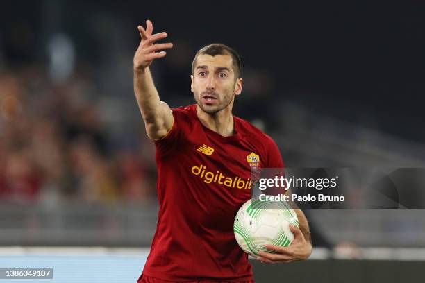 Henrikh Mkhitaryan of AS Roma reacts during the UEFA Conference League Round of 16 Leg Two match between AS Roma and Vitesse at Stadio Olimpico on...