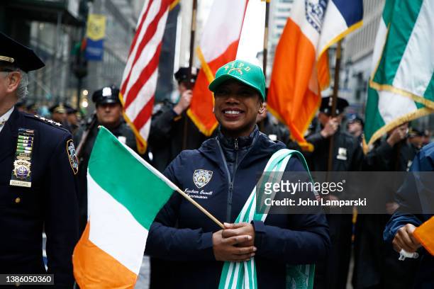 Commissioner Keechant L. Sewell marches in the St. Patrick's Day Parade up 5th Ave. On March 17, 2022 in New York City. The annual parade celebrating...