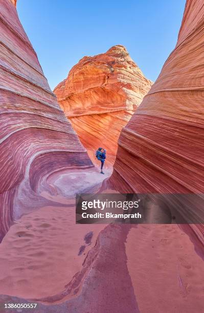 mother and daughter exploring the famous wave of coyote buttes north in the paria canyon-vermilion cliffs wilderness of the colorado plateau in southern utah and northern arizona usa - utah landscape stock pictures, royalty-free photos & images