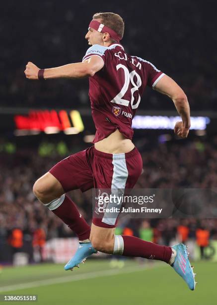 Tomas Soucek of West Ham United celebrates after scoring their team's first goal during the UEFA Europa League Round of 16 Leg Two match between West...