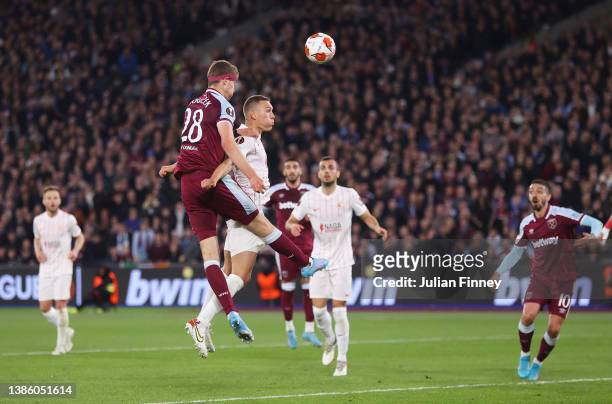 Tomas Soucek of West Ham United scores their team's first goal during the UEFA Europa League Round of 16 Leg Two match between West Ham United and...