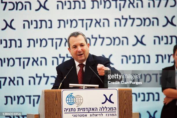 Former Israeli Prime Minister Ehud Barak speaks during a conference at Natanya Academic College's S Daniel Abraham Center for Strategic Dialogue,...