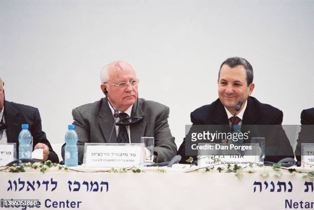 View of former Soviet President Mikhail Gorbachev and former Israeli Prime Minister Ehud Barak during a conference at Natanya Academic College's S...