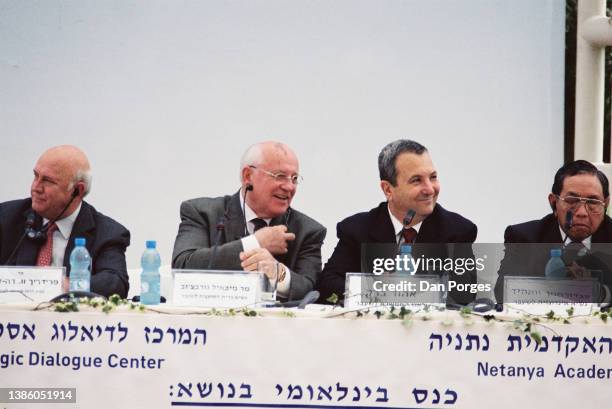 View of, from left, former South African President Frederik Willem de Klerk , former Soviet President Mikhail Gorbachev, former Israeli Prime...