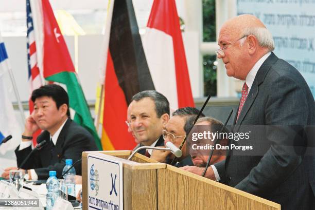 Former South African President Frederik Willem de Klerk speaks during a conference at Natanya Academic College's S Daniel Abraham Center for...