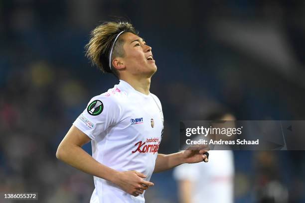 Keito Nakamura of Oumar Sako of LASK looks on during the UEFA Conference League Round of 16 Leg Two match between LASK and Slavia Praha at NO Arena...