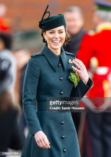 Catherine, Duchess of Cambridge attends the 1st Battalion Irish Guards' St. Patrick's Day Parade with Prince William, Duke of Cambridge at Mons...