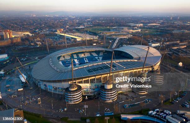 In an aerial view, the outside of The Etihad Stadium, home of Manchester City FC, on January 14, 2022 in Manchester, United Kingdom.