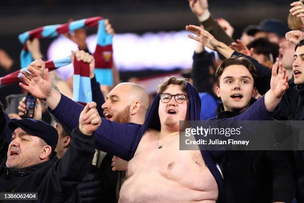 West Ham United fans celebrate their sides second goal during the UEFA Europa League Round of 16 Leg Two match between West Ham United and Sevilla FC...
