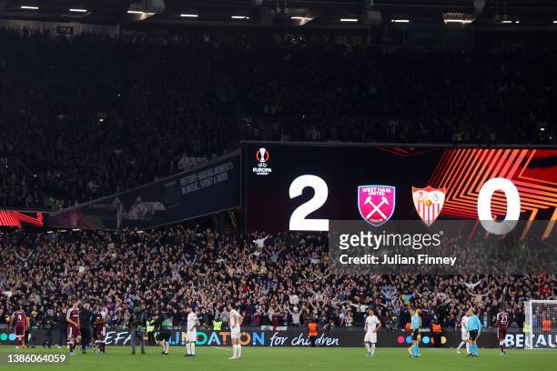 General view inside the stadium as West Ham United fans celebrate after their sides victory during the UEFA Europa League Round of 16 Leg Two match...
