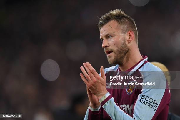 Andriy Yarmolenko of West Ham United celebrates after their sides victory during the UEFA Europa League Round of 16 Leg Two match between West Ham...