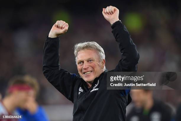 David Moyes, Manager of West Ham United celebrates after their sides victory during the UEFA Europa League Round of 16 Leg Two match between West Ham...