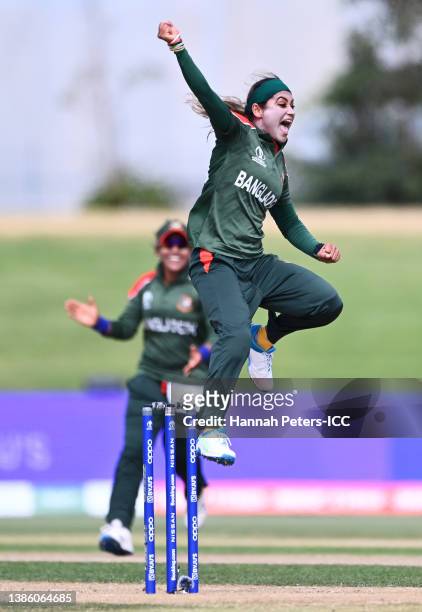 Jahanara Alam of Bangladesh celebrates after dismissing Deandra Dottin of the West Indies during the 2022 ICC Women's Cricket World Cup match between...