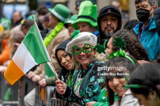 Spectators wear Irish-themed accessories during the 2022 NYC St. Patrick's Day Parade on March 17, 2022 in New York City.