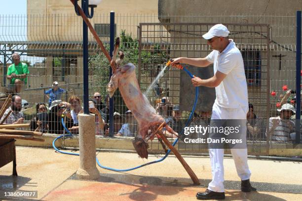 Watched by onlookers, a man washes a skinned and skewered lamb in preparation for the feast of Passover, in the Samaritan village of Kiryat Luza,...