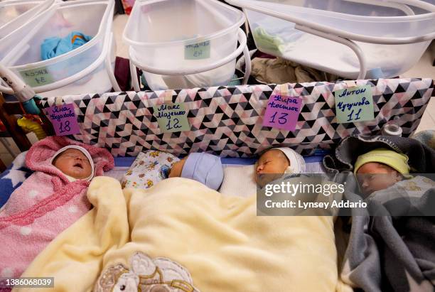 Total of nineteen babies born to Ukrainian surrogate mothers are cared for in a nursery in kyiv, Ukraine, March 11, 2022. Since the beginning of the...