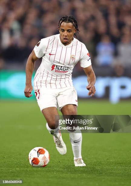 Jules Kounde of Sevilla in action during the UEFA Europa League Round of 16 Leg Two match between West Ham United and Sevilla FC at Olympic Stadium...
