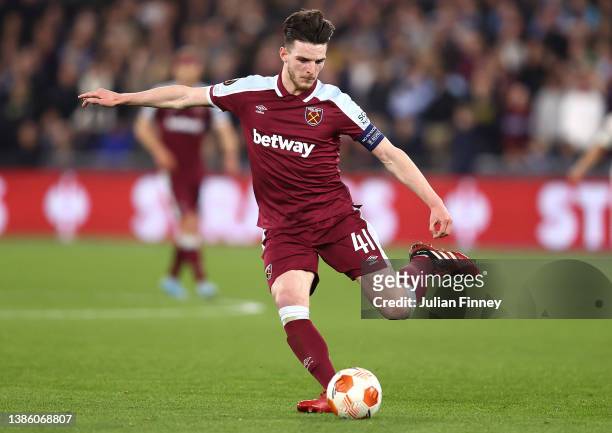 Declan Rice of West Ham in action during the UEFA Europa League Round of 16 Leg Two match between West Ham United and Sevilla FC at Olympic Stadium...