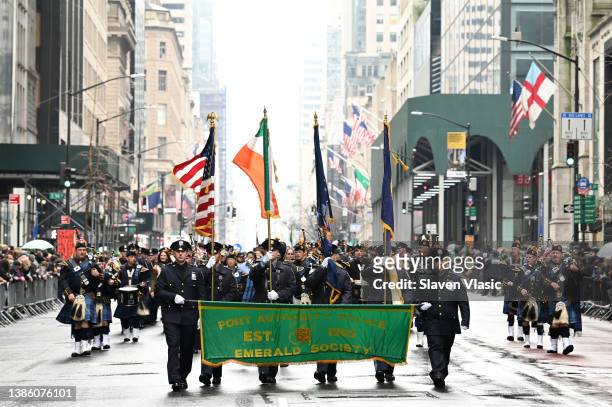 Participants march in the St. Patrick's Day Parade up 5th Ave. On March 17, 2022 in New York City. The annual parade celebrating the Irish heritage...