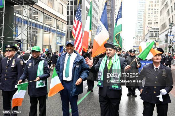 Commissioner Keechant L. Sewell and New York City Mayor Eric Adams march in the St. Patrick's Day Parade up 5th Ave. On March 17, 2022 in New York...