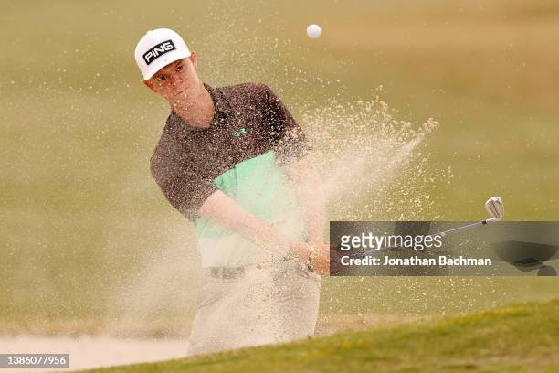 Austin Fox plays a shot out of the bunker on the seventeenth hole during the first round of the Chitimacha Louisiana Open presented by MISTRAS at Le...