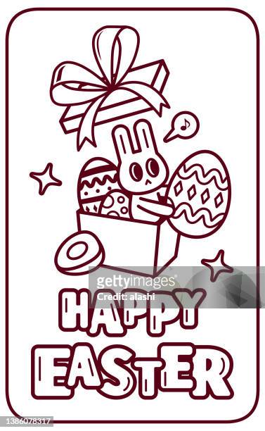 "happy easter" handwriting text and a bunny opening a big gift box and sending easter eggs - easter bunny letter stock illustrations