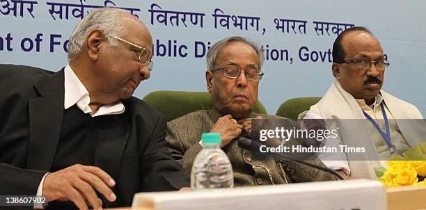 Finance Minister Pranab Mukherjee, Agriculture Minister Sharad Pawar and Prof. K.V. Thomas MoS Food and Consumer Affairs during a conference to...