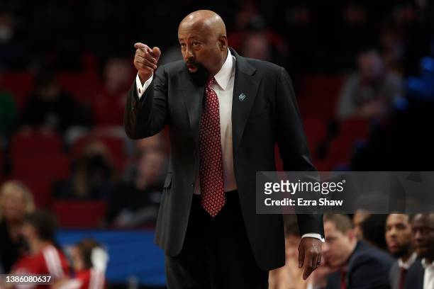 Head coach Mike Woodson of the Indiana Hoosiers reacts against the St. Mary's Gaels in the first round game of the 2022 NCAA Men's Basketball...