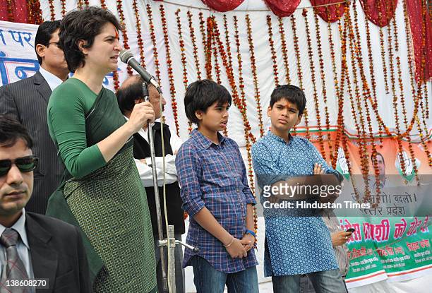Priyanka Gandhi Vadra, her son Raihan and daughter Miraya attend an election rally on February 9, 2012 in Rae Barelly, India. For the older...