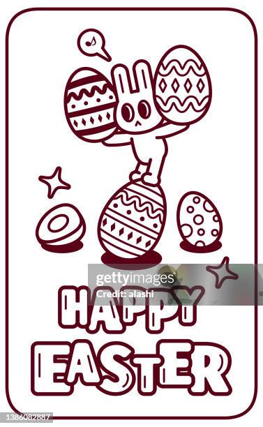 "happy easter" handwriting text and a cute bunny standing on a big easter egg - easter bunny letter stock illustrations