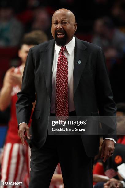 Head coach Mike Woodson of the Indiana Hoosiers reacts after a play against the St. Mary's Gaels in the first round game of the 2022 NCAA Men's...