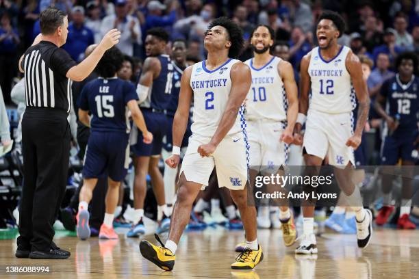 Sahvir Wheeler of the Kentucky Wildcats reacts after a play against the Saint Peter's Peacocks during the second half in the first round game of the...