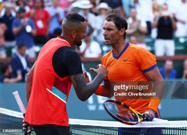 Rafael Nadal of Spain shakes hands at the net after his three set victor against Nick Kyrgios of Australia in their quarterfinal match on Day 11 of...