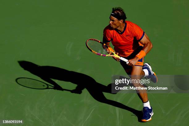 Rafael Nadal of Spain plays Nick Kyrgios of Australia during the quarterfinals of the BNP Paribas Open at the Indian Wells Tennis Garden on March 17,...