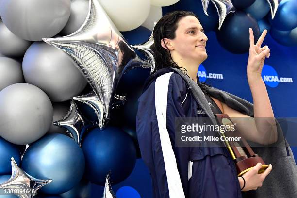 Lia Thomas stands atop the podium after winning the 500 Yard Freestyle during the 2022 NCAA Division I Women's Swimming & Diving Championship at the...