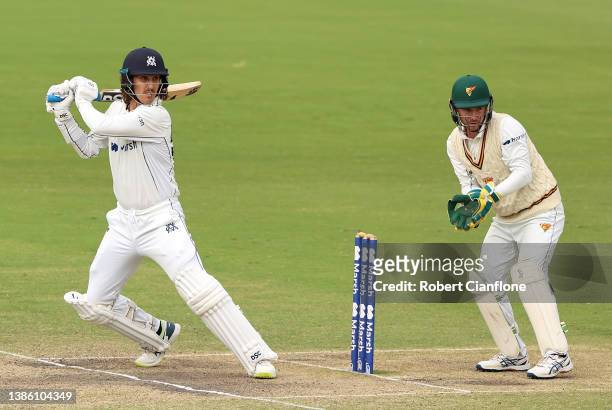Nic Maddinson of Victoria bats during day four of the Sheffield Shield match between Victoria and Tasmania at CitiPower Centre, on March 18 in...