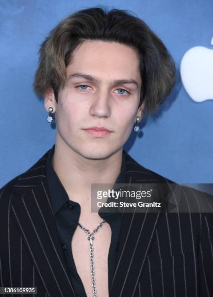 Lil Huddy arrives at the Global Premiere Of Apple TV+'s "WeCrashed" at Academy Museum of Motion Pictures on March 17, 2022 in Los Angeles, California.