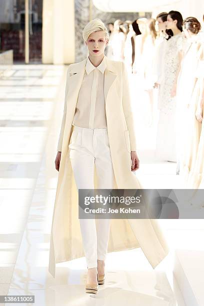 Model walks the runway at the Houghton fall 2012 fashion show during Mercedes-Benz Fashion Week at Avery Fisher Hall, Lincoln Center on February 9,...