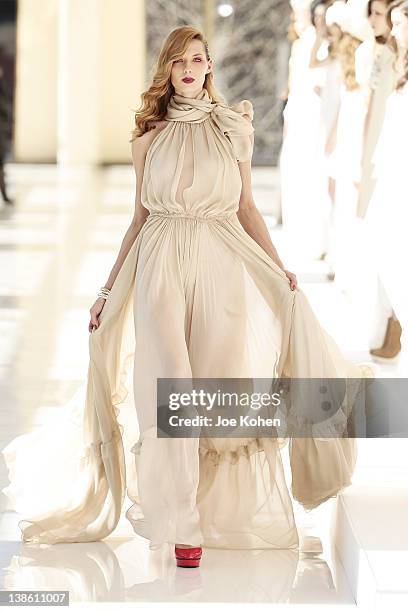 Model walks the runway at the Houghton fall 2012 fashion show during Mercedes-Benz Fashion Week at Avery Fisher Hall, Lincoln Center on February 9,...