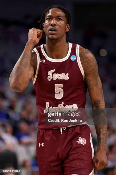 Joirdon Karl Nicholas of the Texas Southern Tigers reacts \ak during the second half in the first round of the 2022 NCAA Men's Basketball Tournament...