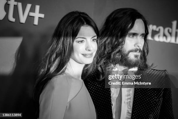 Anne Hathaway and Jared Leto attend the global premiere of Apple TV+'s 'WeCrashed' at Academy Museum of Motion Pictures on March 17, 2022 in Los...