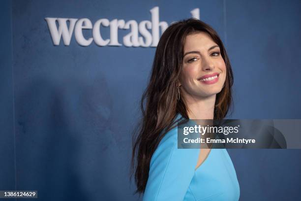 Anne Hathaway attends the global premiere of Apple TV+'s 'WeCrashed' at Academy Museum of Motion Pictures on March 17, 2022 in Los Angeles,...