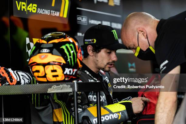 Moto2 rider Niccolo Antonelli of Italy and Mooney VR46 Racing team prepares during the practice round of the MotoGP Grand Prix of Indonesia at...