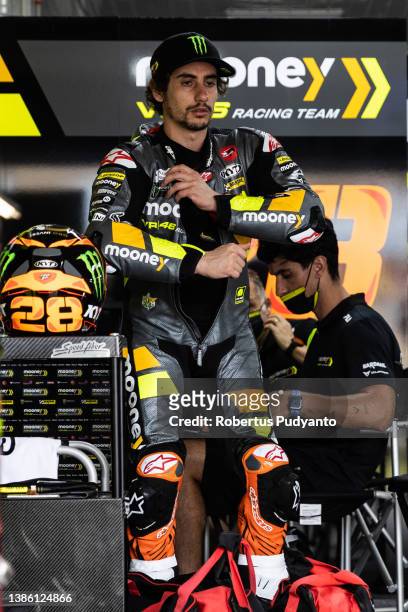 Moto2 rider Niccolo Antonelli of Italy and Mooney VR46 Racing team prepares during the practice round of the MotoGP Grand Prix of Indonesia at...